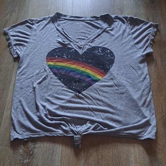 Flowers by Zoe Gray Rainbow Heart V-neck Distressed Shortsleeve Crop Top XL - Picture 4 of 10